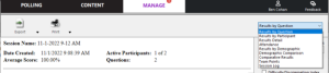 PointSolutions Reports view with the report-style dropdown open, showing options like Results by Question, Attendance, and Session Log