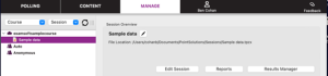 PointSolutions Manage tab showing the Session Overview for a saved session, with Edit Session, Reports, and Results Manager buttons