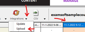 PointSolutions gradebook Integrations menu open with arrows pointing to Integrations and the Upload option