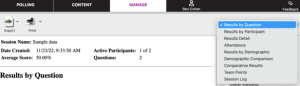 PointSolutions Reports view with the report-style dropdown open, showing options like Results by Question, Attendance, and Session Log