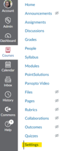 Canvas course navigation menu with the Settings link highlighted at the bottom