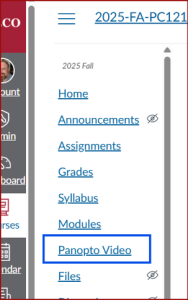 Panopto Video tab in Canvas navigation
