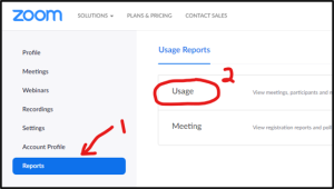 Zoom account navigation with Reports highlighted and the Usage report option circled