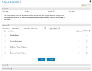 ExamSoft Adjust Question window showing the question text with original and adjusted answer checkboxes for each answer choice