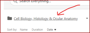 Panopto video list header showing the current folder name, with an arrow pointing to it