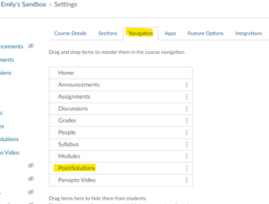 Canvas course Settings page with the Navigation tab and the PointSolutions row both highlighted