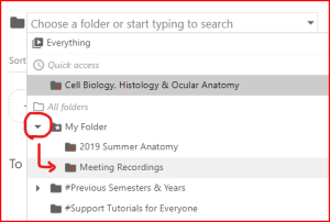 Panopto folder panel with an arrow showing My Folder expanded to reveal the Meeting Recordings subfolder