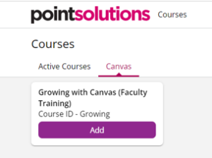 PointSolutions Canvas tab showing a course card with the Add button