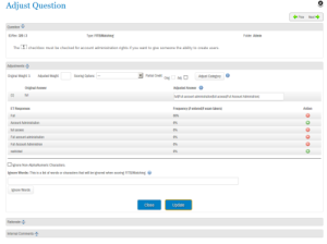 ExamSoft Adjust Question window for a fill-in-the-blank question, showing the adjusted-answer field with pipe-separated accepted answers and a list of exam-taker responses with accept icons