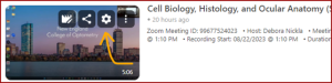 Recording thumbnail with the gear settings icon circled among the hover action buttons