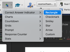 PointSolutions Objects menu open showing the Correct Answer Indicator submenu (Rectangle, Checkmark, Smiley, Star, Arrow, Custom) plus Countdown, Grids, Prompt, Response Counter, and Stats