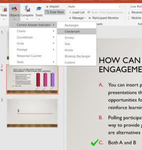 PointSolutions Objects menu with the Correct Answer Indicator submenu open, Checkmark highlighted, and the slide thumbnail showing the correct answer marked with a checkmark