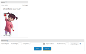 ExamSoft Adjust Question window for a hot spot question, showing the question image with the correct hot spot area outlined