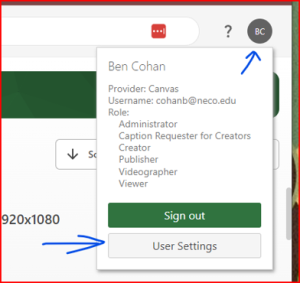 Panopto User Settings Menu.