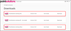 PointSolutions Downloads list with the PC and Mac desktop app rows outlined, distinguishing them from the No-Install and web versions