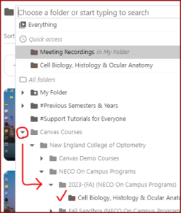 Folder picker showing the nested Canvas course folders drilled down to the correct course folder