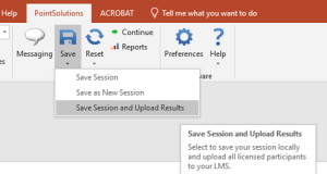 PointSolutions Save dropdown menu with Save Session and Upload Results highlighted, showing its description tooltip