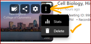 Recording card with the three-dot menu open and the Delete option circled