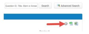 ExamSoft Questions tab search bar with an arrow pointing to the gear icon used to add the Groups column