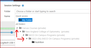 Panopto Session Settings folder picker showing the nested folder structure, with arrows indicating which folders to expand