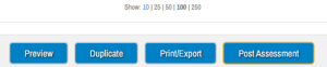 ExamSoft assessment toolbar with Preview, Duplicate, Print/Export, and Post Assessment buttons, with Post Assessment highlighted