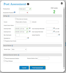 ExamSoft Post Assessment dialog showing the Posting Name, Assessment Password, Course, Download Start/End, and Max Downloads fields, with the Ping & Release checkbox under Additional Security Options
