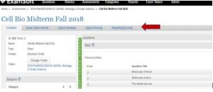 Screenshot of an ExamSoft exam's Contents page (e.g. "Cell Bio Midterm Fall 2018") with a red arrow pointing to the "Reporting/Scoring" tab in the top navigation.