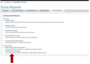 Screenshot of the ExamSoft Exam Reports page listing available report types (Summary Report, Category Analysis, Item/Question Analysis, List of Exam Takers' Scores, Assessment Performance Reports, Release results directly to exam takers, View Results for exam takers), with a red arrow pointing to the "View Results for exam takers" link.