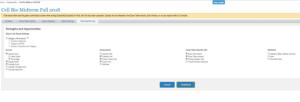 Screenshot of the ExamSoft "Strengths and Opportunities" page (Step 2: Set Result Settings), showing checkbox options grouped under Scores, Assessment, Exam Taker Specific Info, and Statistics, with Cancel and Download buttons at the bottom.